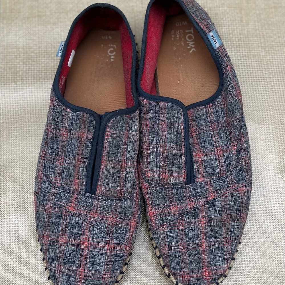 TOMS Plaid Slip-On Shoes - Red and Blue